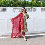 Olive Green Chanderi Silk Kurta Set by Ethnic Crafts