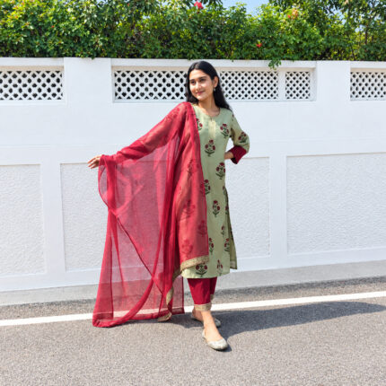 Olive Green Chanderi Silk Kurta Set by Ethnic Crafts