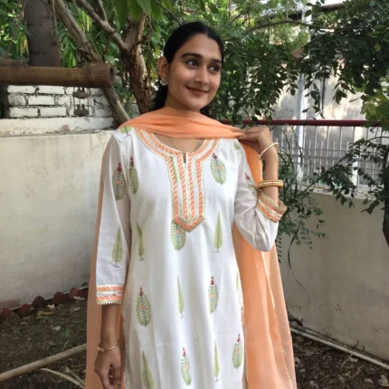 Block Printed Fresh Peach Kurta Set