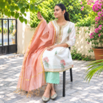 Off White Block Print Anarkali With Gotta Lace Neckline - Image 2
