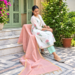 Off White Block Print Anarkali With Gotta Lace Neckline