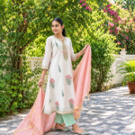 Off White Block Print Anarkali With Gotta Lace Neckline - Image 3