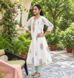 Off White Block Print Anarkali With Gotta Lace Neckline - Image 5