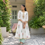 Off White Block Print Anarkali With Gotta Lace Neckline - Image 4
