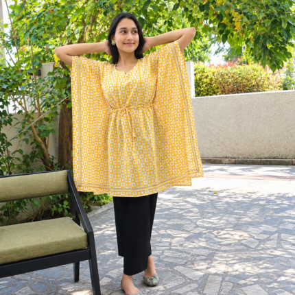 Women Block Printed Short Kaftan Yellow