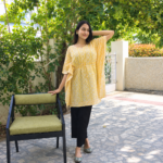 Women Block Printed Short Kaftan Yellow - Image 5